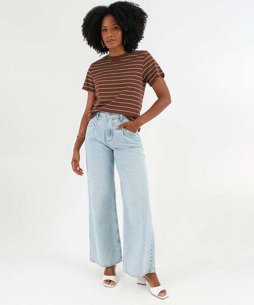 Blusa Feminina Listrada Manga Curta Marisa Marrom