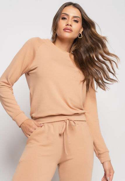 Conjunto De Moletinho Com Casaco Gola Canoa E Calça Jogger Bege Salvatore Fashio