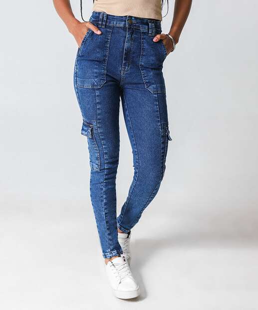 Calça Jeans Skinny Feminina Cargo Azul