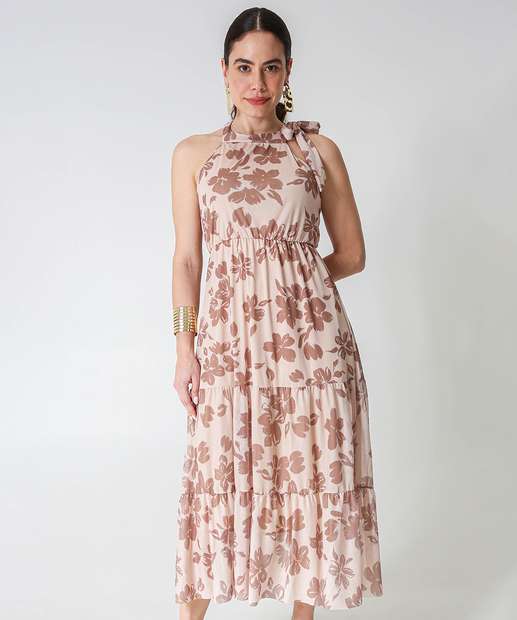Vestido Midi Feminino Halter Neck Floral Marisa Bege