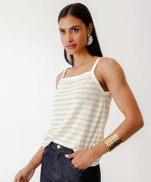 Blusa Regata Feminina Tricô Brilho Lurex Marisa Off White