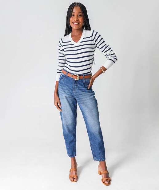 Suéter Feminino Listrado Gola V Marisa Off White