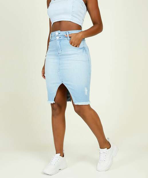 Saia Midi Feminina Jeans Fenda Barra Desfiada Biotipo