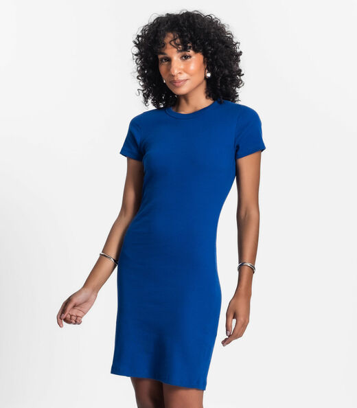 Vestido Acinturado Em Ribana Canelada Rovitex Azul