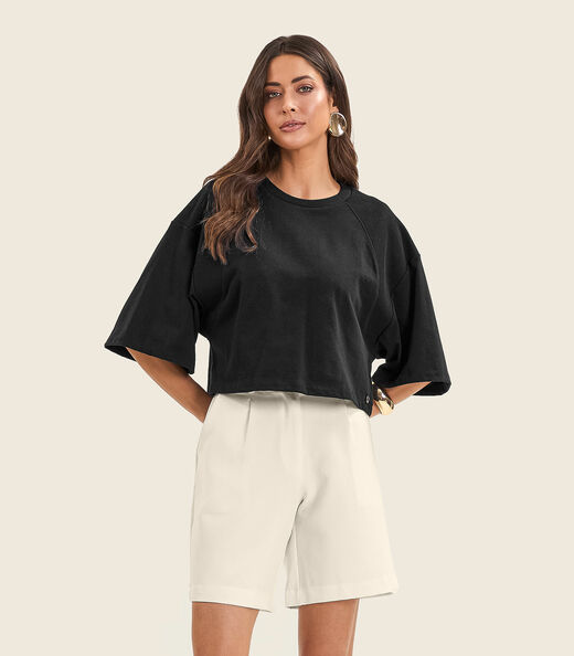 T- Shirt Feminina em Malhão e Ribana Endless Preto