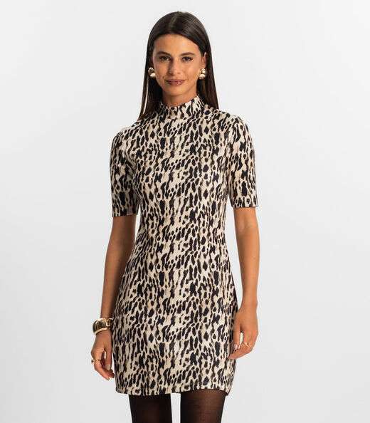 Image_Vestido Feminino Curto Animal Print Rovitex Bege