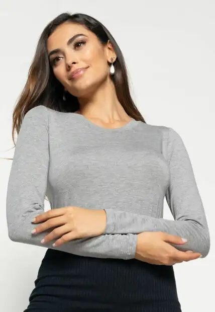 Blusa  Básica Manga Longa e Gola Redonda Malha Mescla