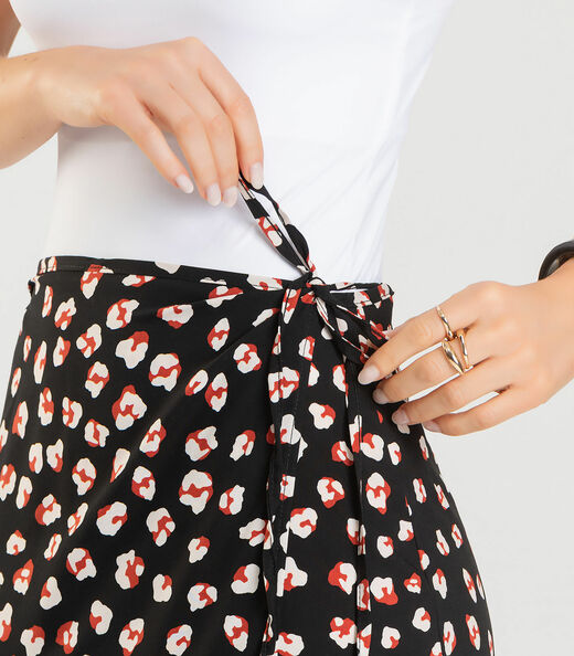 Saia Midi Transpassada Estampada Dianna Preto