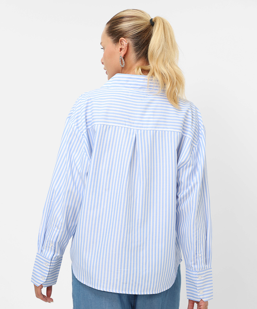 Camisa Feminina Listrada Manga Longa Marisa Azul