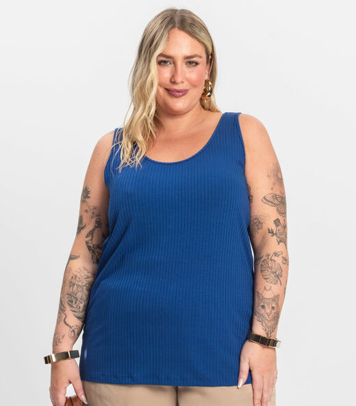 Regata Plus Size Em Ribana Canelada Secret Glam Azul