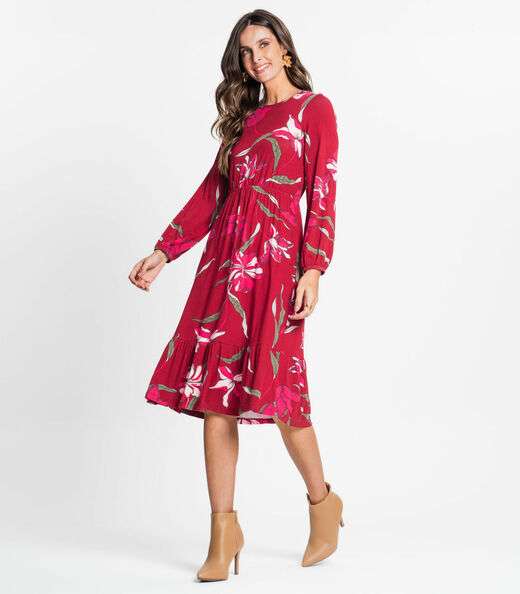 Vestido Feminino Manga Longa Floral Rovitex Vermelho