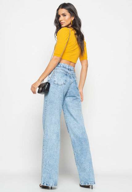 Calça Wide Leg Jeans Marmorizado Jeans Claro Salvatore Fashion