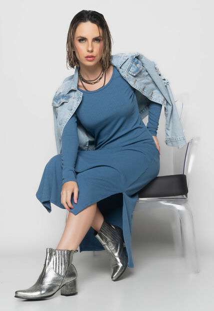 Vestido Midi Ombro Vazado Manga Longa Canelado  Fashion Azul Jeans