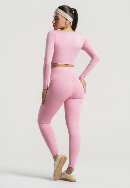 Cropped Manga Longa Decote Quadrado Rosa Claro Wemood