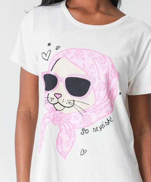 Camisola Estampa Gato Manga Curta Marisa Off White