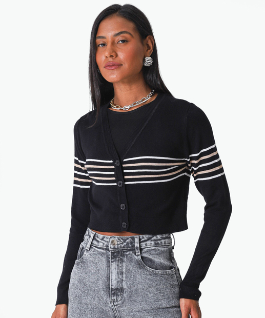 Image_Cardigan Feminino Cropped Listrado Marisa Preto