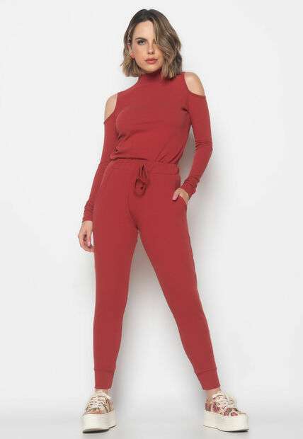Conjunto Comfy Com Blusa Ombro Vazado M/L e Jogger Canelada Terracota Salvatore