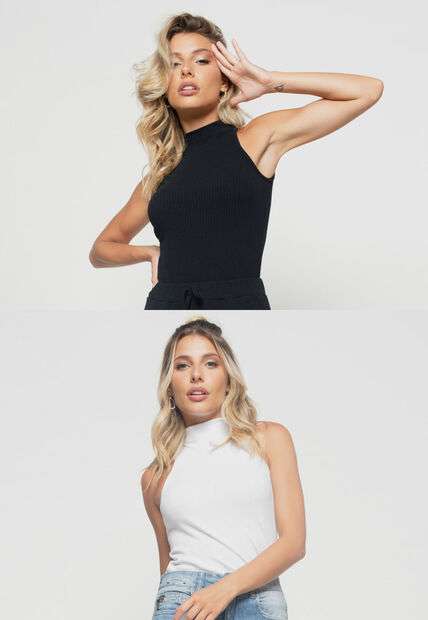 Kit 2 Regatas  Cava Americana Malha Canelada Preta e Branca