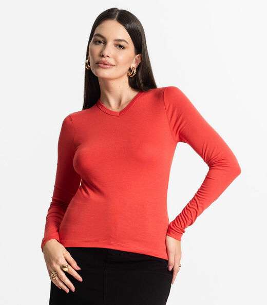 Blusa Manga Longa Decote V Básica Select Laranja