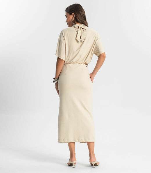 Saia Midi Com Bolso Endless Bege
