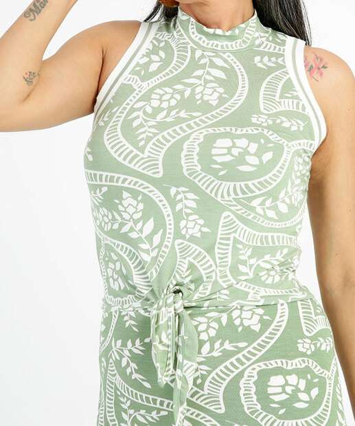 Blusa Regata Feminina Folhas Amarração Gola Alta 