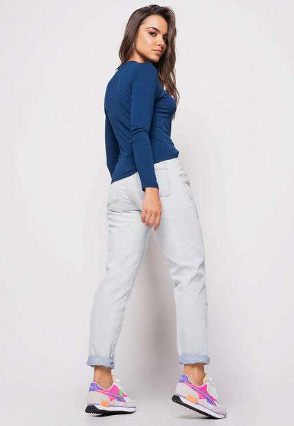 Blusa  Básica Manga Longa e Gola Redonda Malha Azul