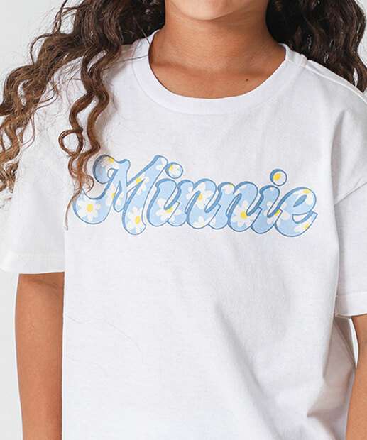 Camiseta Infantil Estampa Frontal E Costas Minnie Tam 4 a 10 Off White
