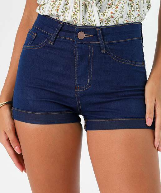 Short Feminino Jeans Barra Dobrado Bolsos Azul