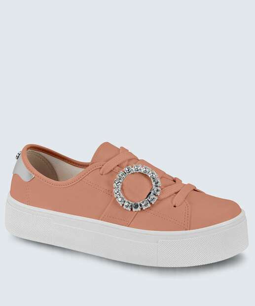 Tênis Casual Feminino Flatform Fivela Strass Moleca