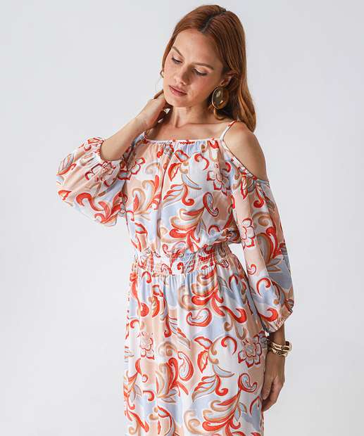 Vestido Midi Feminino Open Shoulder Estampado Marisa Bege