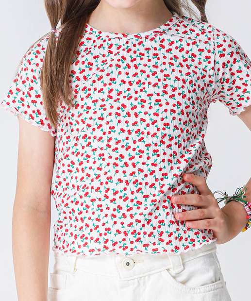Blusa Infantil Canelada Cereja Marisa Tam 4 a 10 Branco