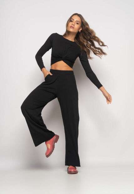 Conjunto Cropped Nó e Wide Leg Manga Longa Malha Preto Salvatore