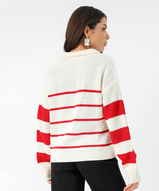 Suéter Feminino Gola Polo Listrada Marisa Bege
