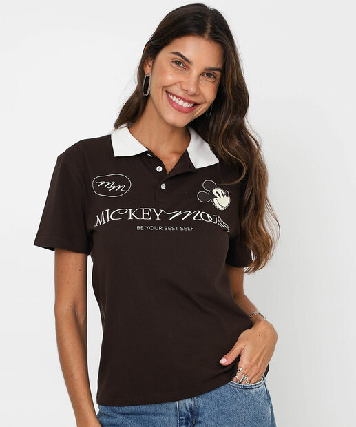 Blusa Feminino Polo Mickey Manga Curta Disney Marrom