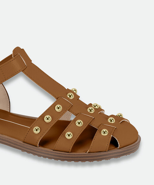 Sandália Feminina Rasteira Tachas Moleca Caramelo