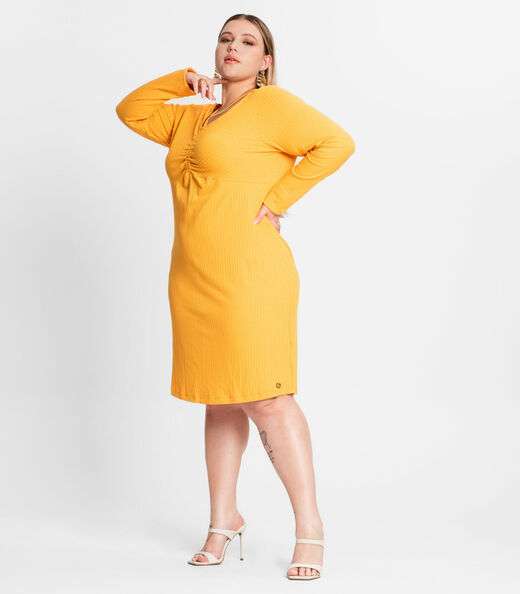 Vestido Plus Size Em Ribana Canelada Secret Glam Amarelo