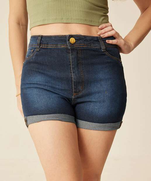 Short Jeans Feminino Barra Dobrada Bolsos 