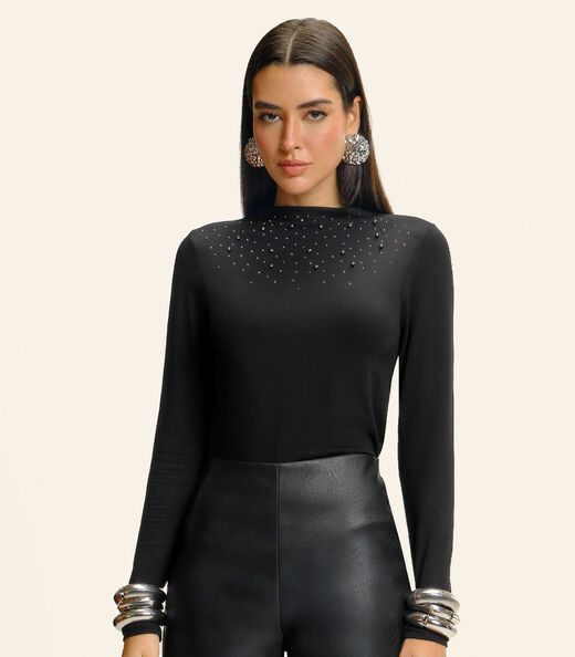 Blusa Feminina Manga Longa Com Rebite Endless Preto