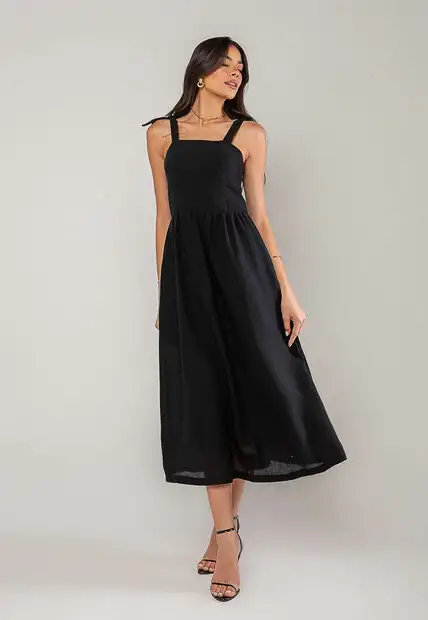 Vestido Alfaiataria Midi Com Alças Largas e Amarração Preto Salvatore