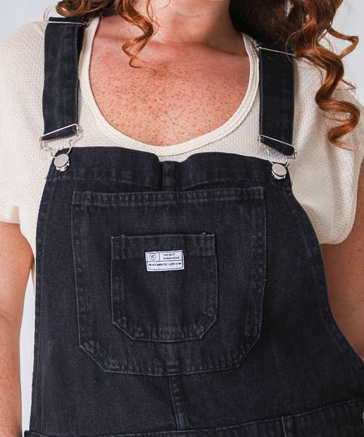 Jardineira Plus Size Feminina Jeans Destroyed Preto