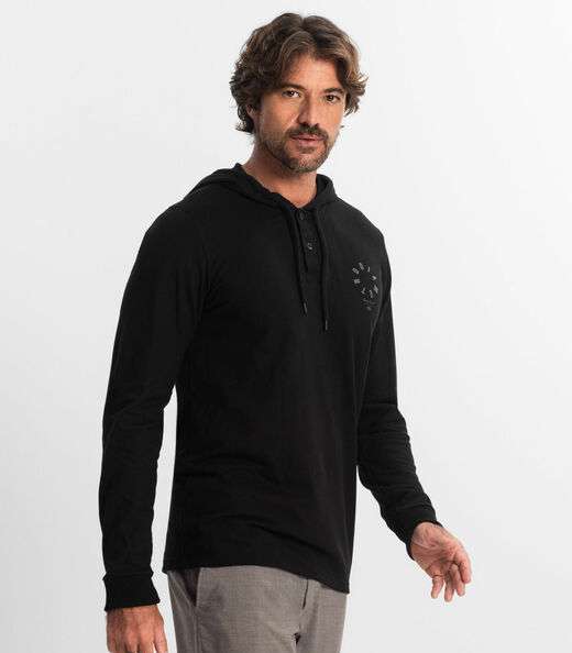 Camiseta Masculina Manga Longa Com Capuz Diametro Preto