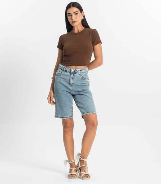 Blusa Cropped Ribana Básica Rovitex Marrom