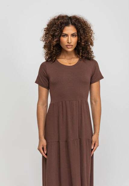 Vestido Midi Manga Curta Com Babado Marrom Salvatore