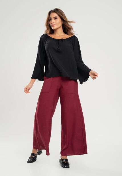 Blusa Ciganinha Manga Longa Flare Viscolinho Preto Salvatore