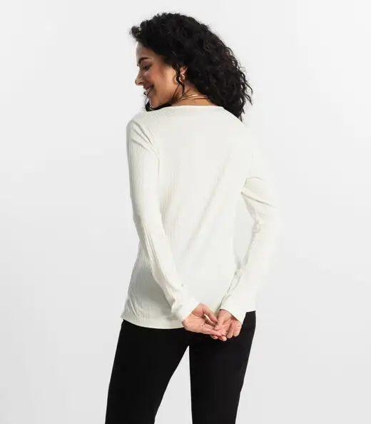 Blusa Manga Longa Em Ribana Canelada Rovitex Bege