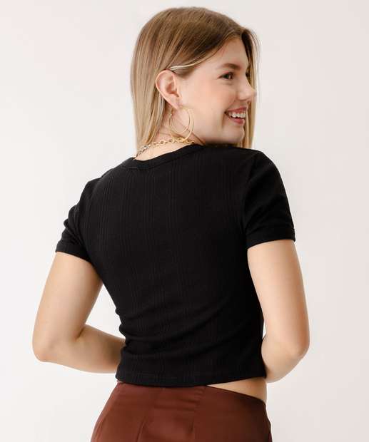 Blusa Cropped Feminina Canelada Manga Curta Marisa