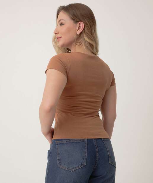 Blusa Feminina Básica Cotton Manga Curta Marisa Marrom