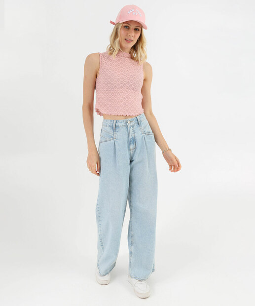 Blusa Cropped Feminina Tule Trabalhado Marisa Rosa