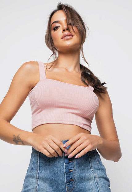 Cropped  Top Faixa Comfy Malha Canelada Rosa Claro