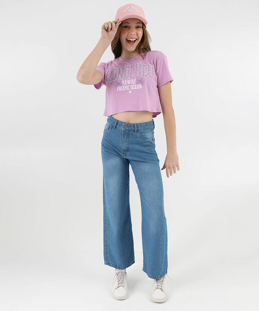 Blusa Juvenil Cropped Estampa Frase Marisa Tam 10 a 16 Lilás